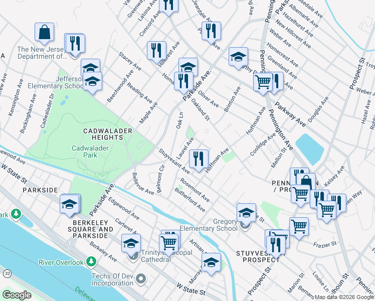 map of restaurants, bars, coffee shops, grocery stores, and more near 53 Laurel Avenue in Trenton