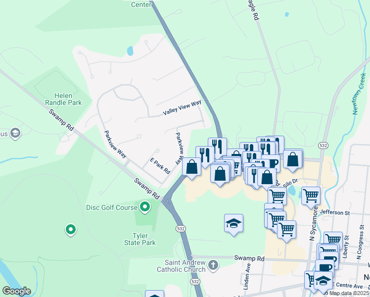map of restaurants, bars, coffee shops, grocery stores, and more near 21 Parkview Way in Newtown