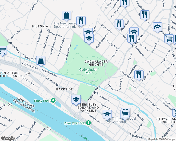 map of restaurants, bars, coffee shops, grocery stores, and more near 36 Parkside Avenue in Trenton