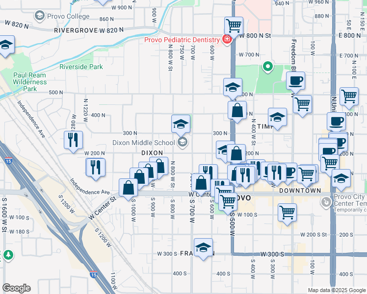 map of restaurants, bars, coffee shops, grocery stores, and more near 750 200 North in Provo