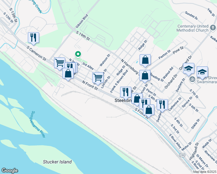 map of restaurants, bars, coffee shops, grocery stores, and more near 221 North 2nd Street in Steelton