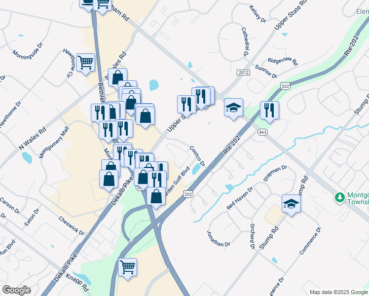map of restaurants, bars, coffee shops, grocery stores, and more near 406 Susan Circle in North Wales