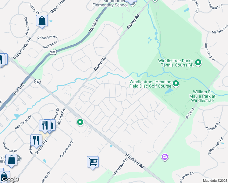 map of restaurants, bars, coffee shops, grocery stores, and more near 464 Running Brook Road in North Wales