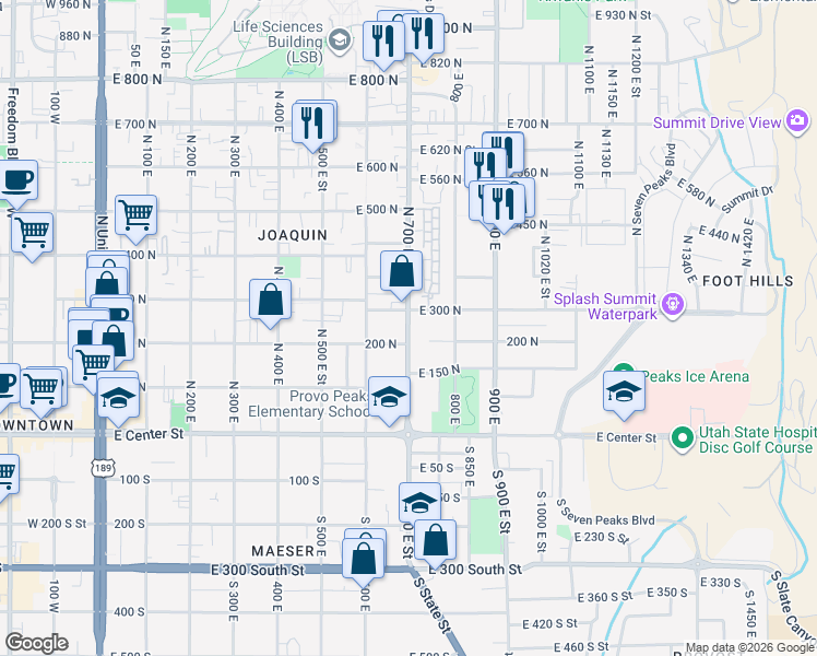 map of restaurants, bars, coffee shops, grocery stores, and more near 306 700 East in Provo