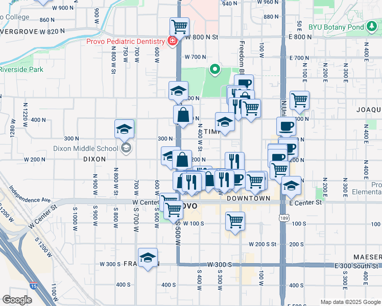 map of restaurants, bars, coffee shops, grocery stores, and more near 293 North 400 West Street in Provo