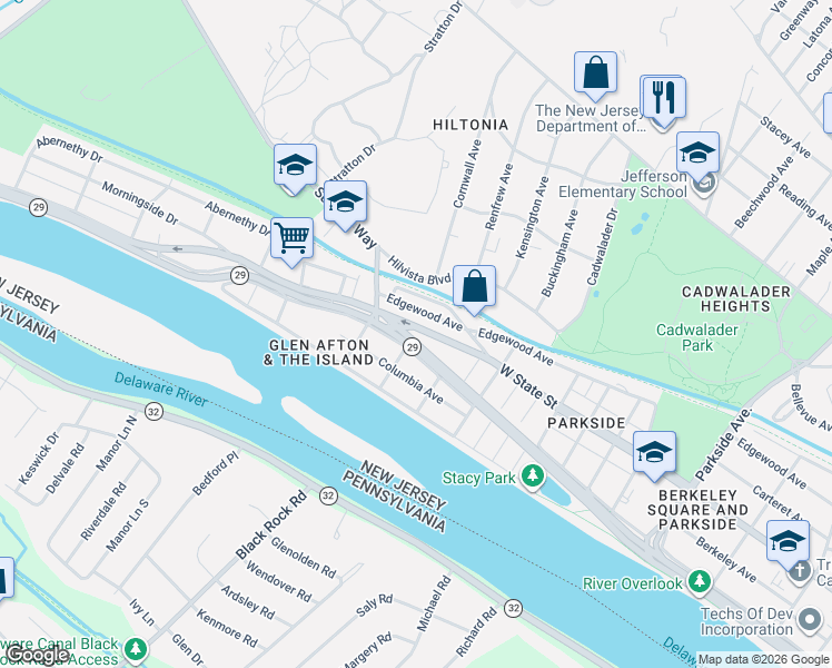 map of restaurants, bars, coffee shops, grocery stores, and more near 74 Sanhican Drive in Trenton