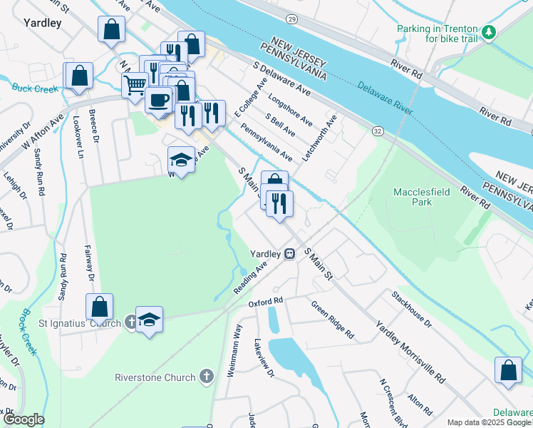 map of restaurants, bars, coffee shops, grocery stores, and more near 168 South Main Street in Yardley
