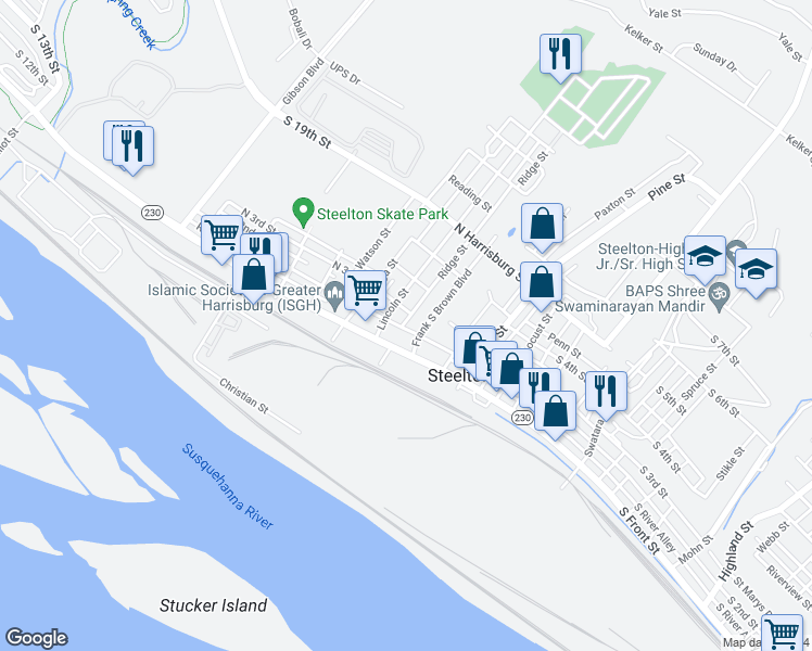map of restaurants, bars, coffee shops, grocery stores, and more near 126 Lincoln Street in Steelton