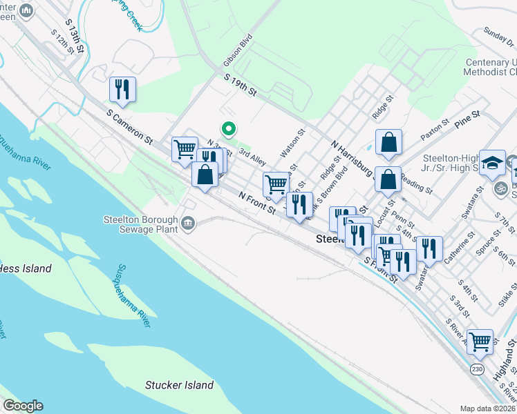 map of restaurants, bars, coffee shops, grocery stores, and more near 427 North Front Street in Steelton