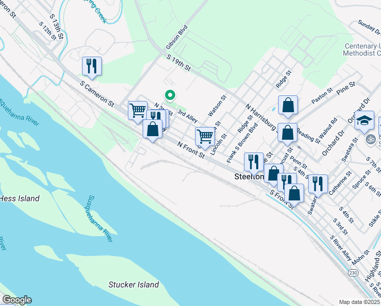 map of restaurants, bars, coffee shops, grocery stores, and more near 427 North Front Street in Steelton