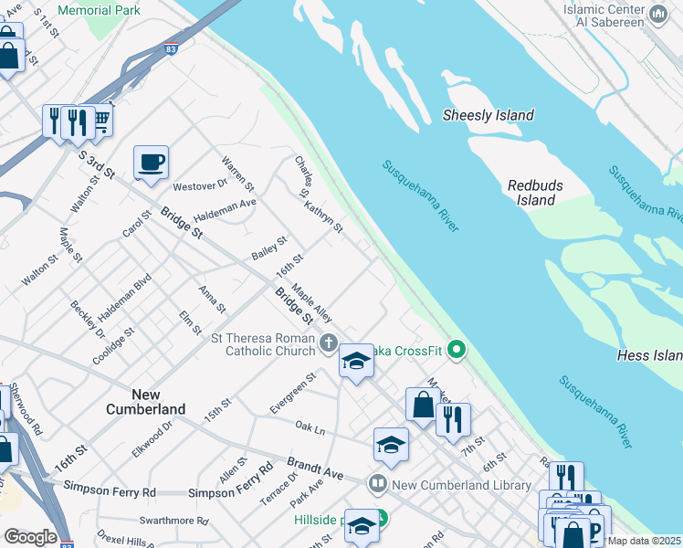 map of restaurants, bars, coffee shops, grocery stores, and more near 1510 Kathryn Street in New Cumberland