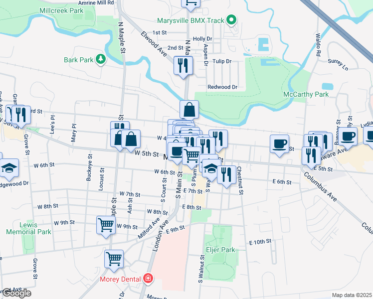 map of restaurants, bars, coffee shops, grocery stores, and more near 131 North Main Street in Marysville