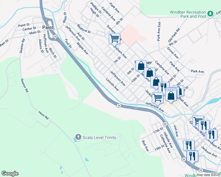 map of restaurants, bars, coffee shops, grocery stores, and more near 108 8th Street in Windber