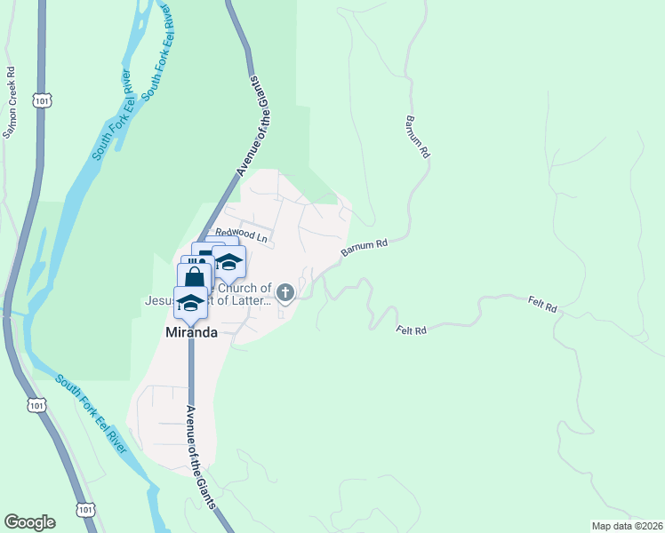 map of restaurants, bars, coffee shops, grocery stores, and more near 3431 Barnum Road in Myers Flat