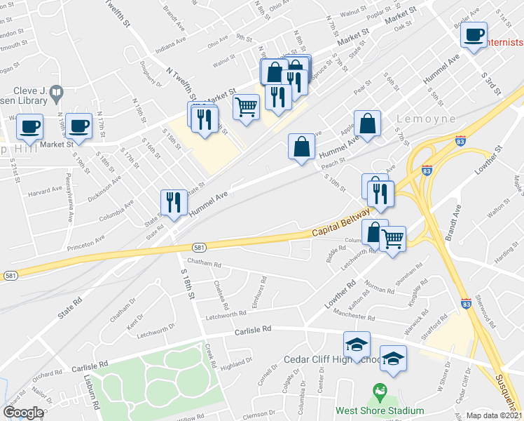 map of restaurants, bars, coffee shops, grocery stores, and more near 221 South 10th Street in Lemoyne