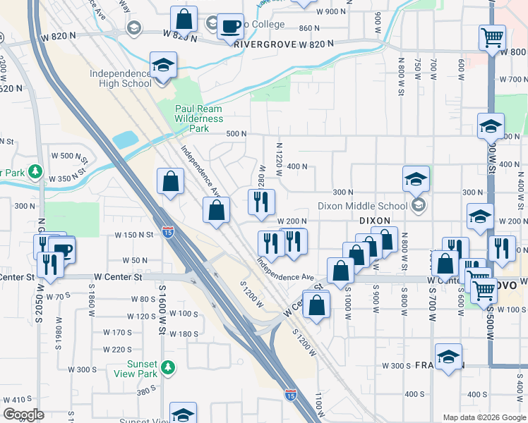 map of restaurants, bars, coffee shops, grocery stores, and more near 218 1280 West in Provo