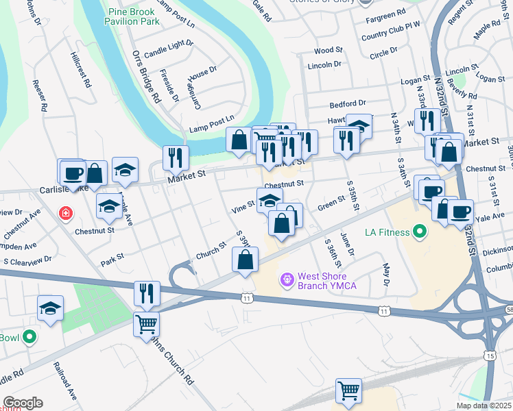 map of restaurants, bars, coffee shops, grocery stores, and more near 3809 Vine Street in Camp Hill