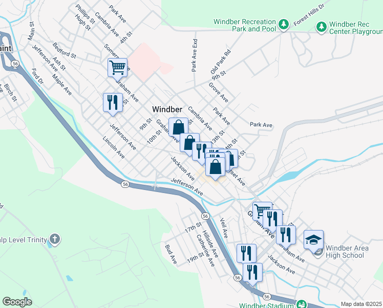 map of restaurants, bars, coffee shops, grocery stores, and more near 1219 Graham Avenue in Windber