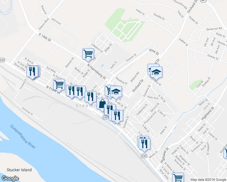 map of restaurants, bars, coffee shops, grocery stores, and more near 340 Locust Street in Harrisburg