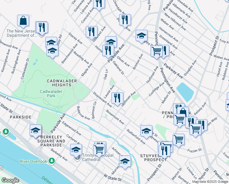 map of restaurants, bars, coffee shops, grocery stores, and more near 53 Laurel Avenue in Trenton