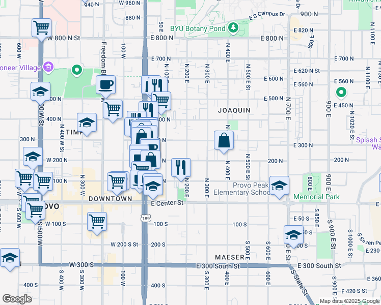 map of restaurants, bars, coffee shops, grocery stores, and more near 287 North 200 East in Provo