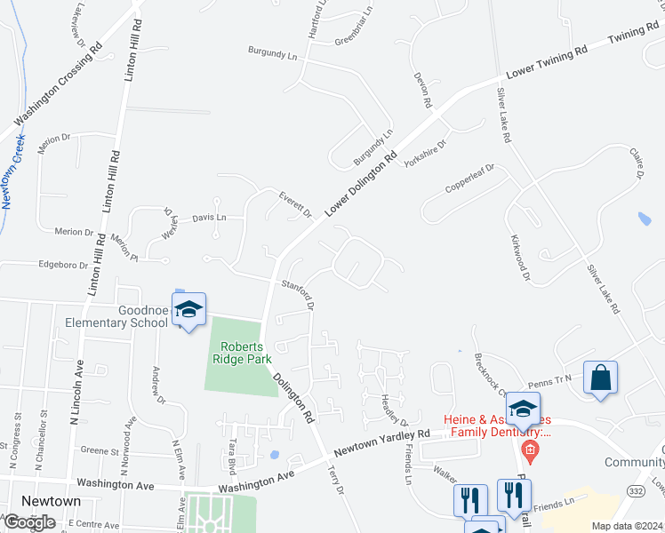 map of restaurants, bars, coffee shops, grocery stores, and more near 15 Meridian Circle in Newtown