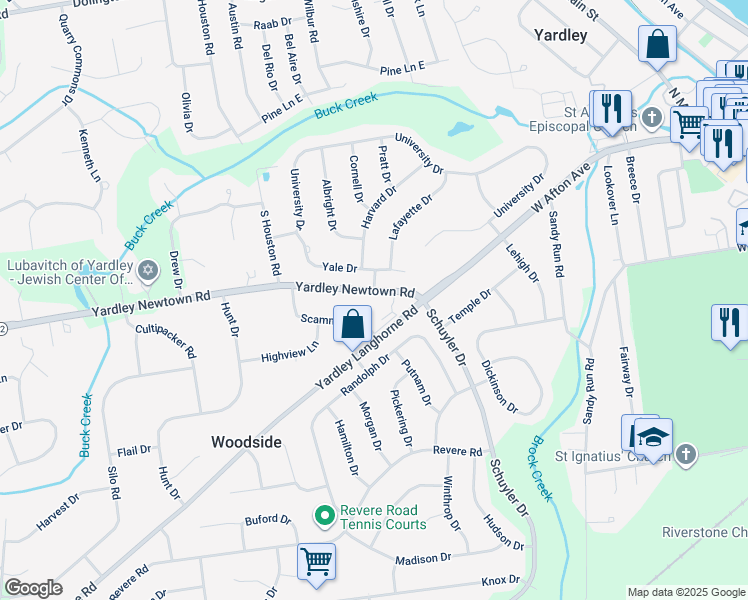 map of restaurants, bars, coffee shops, grocery stores, and more near 307 Yardley Newtown Road in Morrisville