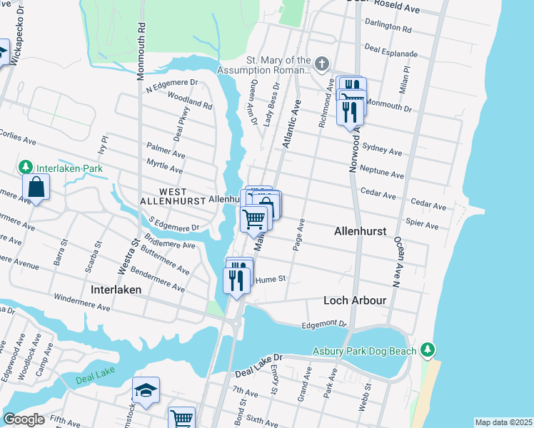 map of restaurants, bars, coffee shops, grocery stores, and more near Main Street in Allenhurst