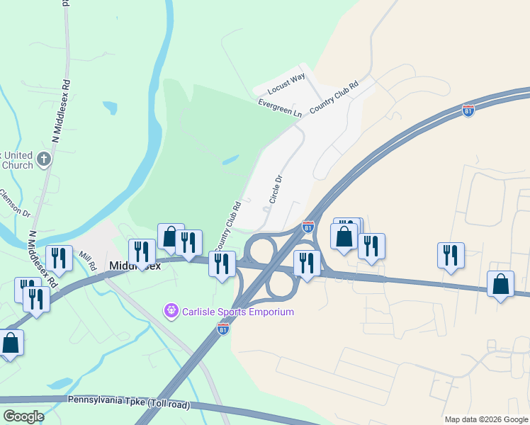 map of restaurants, bars, coffee shops, grocery stores, and more near 10 Circle Drive in Carlisle