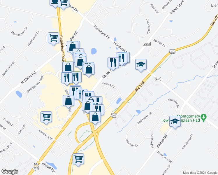 map of restaurants, bars, coffee shops, grocery stores, and more near 502 Susan Circle in North Wales