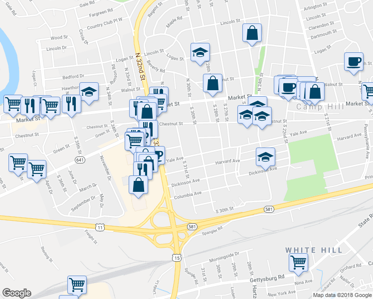 map of restaurants, bars, coffee shops, grocery stores, and more near 137 South 31st Street in Camp Hill