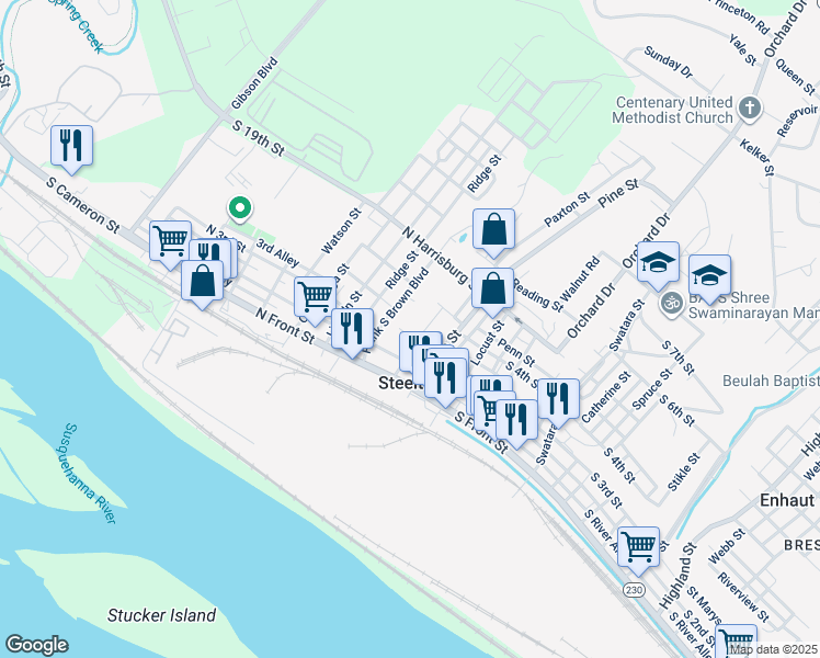 map of restaurants, bars, coffee shops, grocery stores, and more near 131 North 3rd Street in Steelton