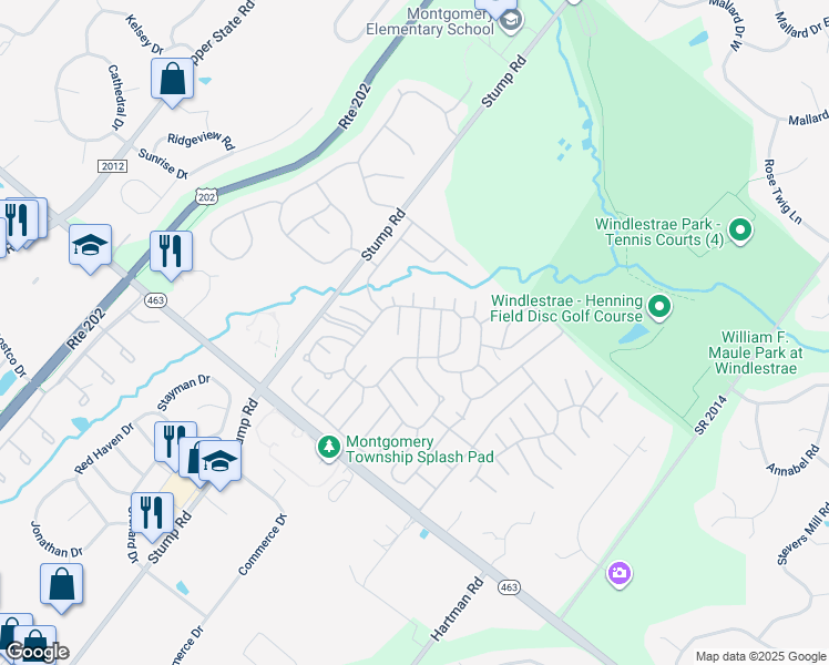 map of restaurants, bars, coffee shops, grocery stores, and more near 107 Winding Brook Run in North Wales
