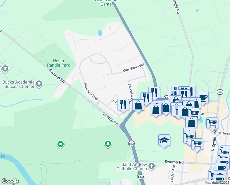 map of restaurants, bars, coffee shops, grocery stores, and more near 115 North Park Road in Newtown