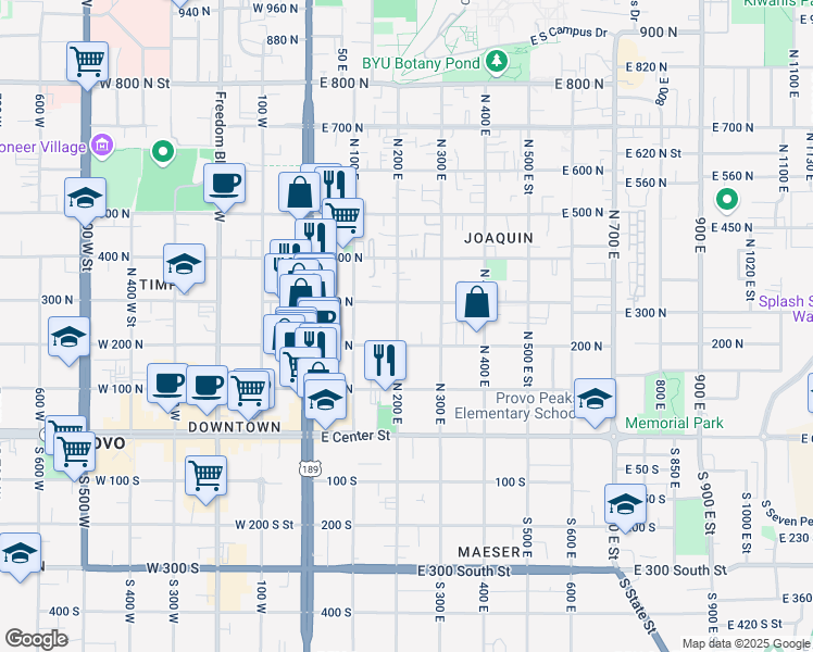 map of restaurants, bars, coffee shops, grocery stores, and more near 287 North 200 East in Provo