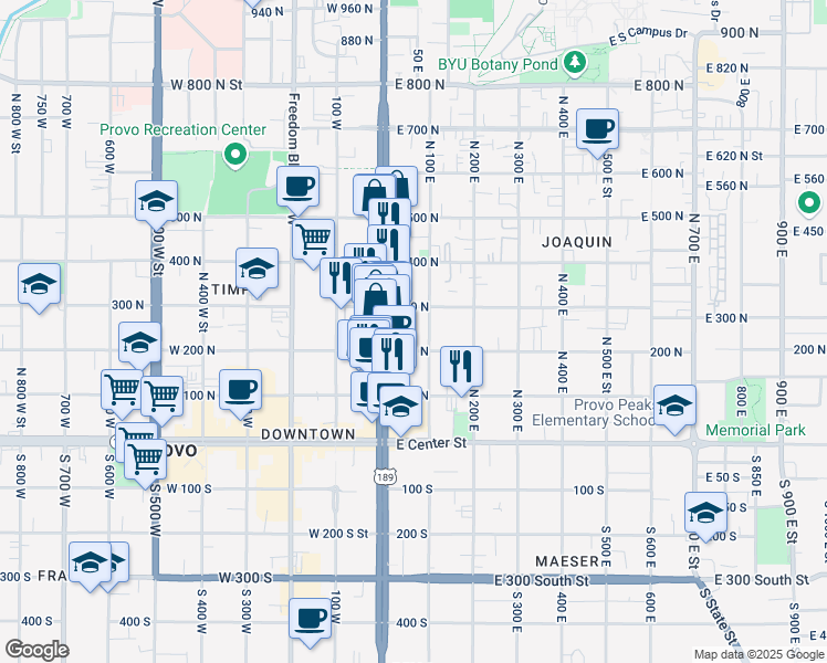 map of restaurants, bars, coffee shops, grocery stores, and more near 98 300 North in Provo