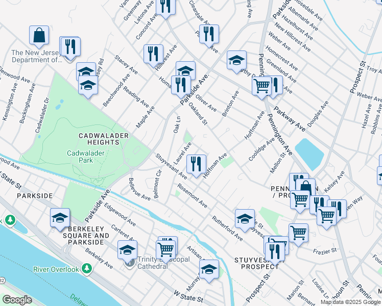map of restaurants, bars, coffee shops, grocery stores, and more near 53 Laurel Avenue in Trenton