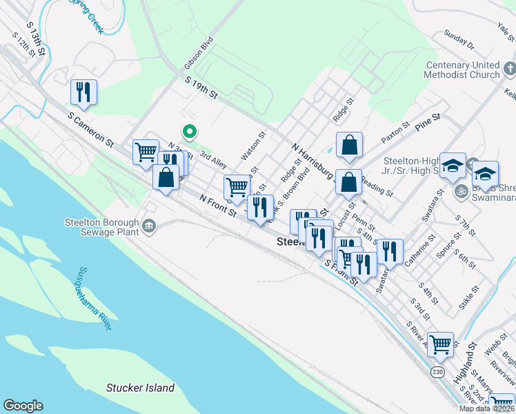 map of restaurants, bars, coffee shops, grocery stores, and more near 126 Lincoln Street in Steelton