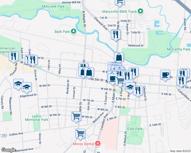 map of restaurants, bars, coffee shops, grocery stores, and more near 247 West 4th Street in Marysville