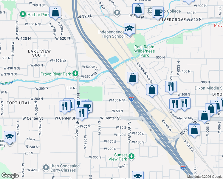 map of restaurants, bars, coffee shops, grocery stores, and more near 255 North 1600 West in Provo