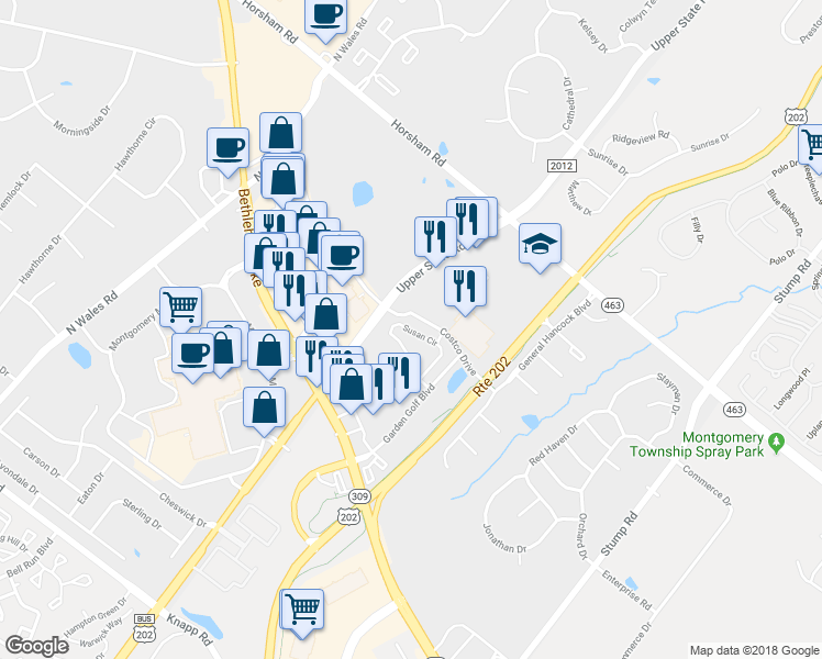 map of restaurants, bars, coffee shops, grocery stores, and more near 511 Susan Circle in North Wales