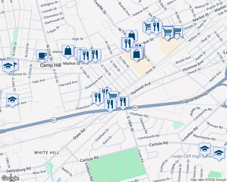 map of restaurants, bars, coffee shops, grocery stores, and more near 227 South 18th Street in Camp Hill