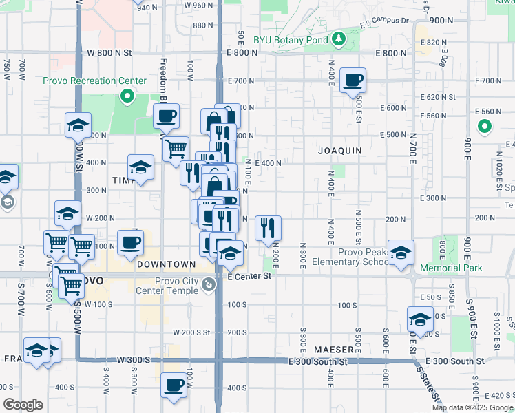 map of restaurants, bars, coffee shops, grocery stores, and more near 246 North 100 East Street in Provo