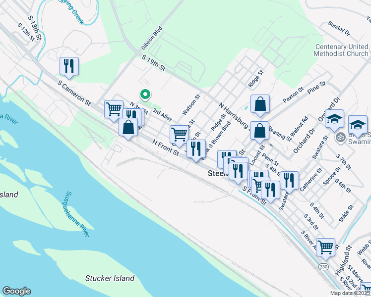 map of restaurants, bars, coffee shops, grocery stores, and more near 302 North 2nd Street in Steelton