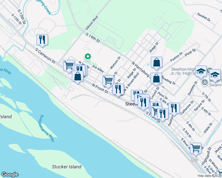 map of restaurants, bars, coffee shops, grocery stores, and more near 312 North 2nd Street in Steelton