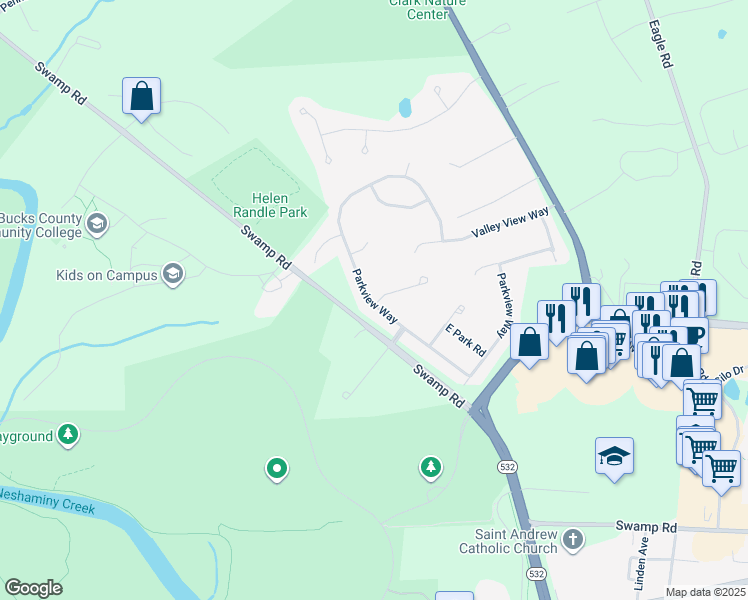 map of restaurants, bars, coffee shops, grocery stores, and more near 346 Parkview Way in Newtown