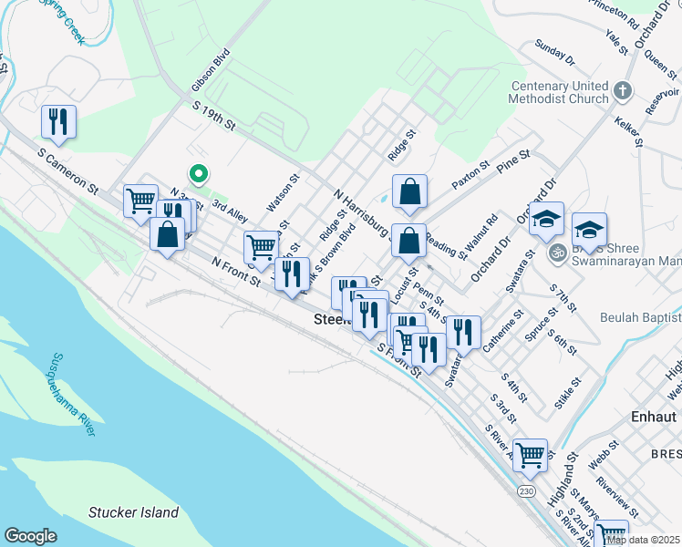 map of restaurants, bars, coffee shops, grocery stores, and more near 131 North 3rd Street in Steelton
