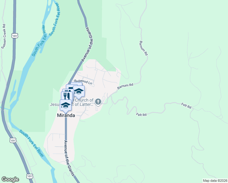 map of restaurants, bars, coffee shops, grocery stores, and more near 3431-3542 Barnum Road in Myers Flat
