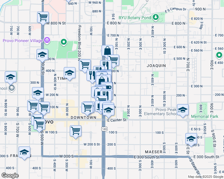 map of restaurants, bars, coffee shops, grocery stores, and more near 75 East 200 North in Provo