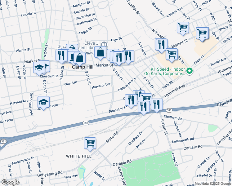 map of restaurants, bars, coffee shops, grocery stores, and more near 1921 Dickinson Avenue in Camp Hill
